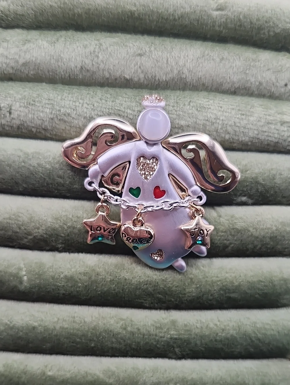 Gold and White Angel Brooch with Heart Accents and Dangling Charms